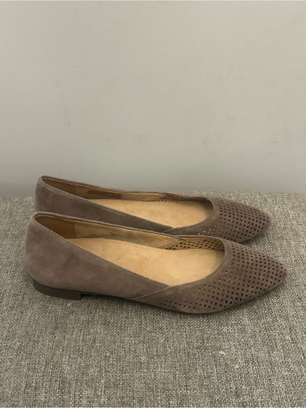 Vionic Suede Perforated Pointed Toe Ballet Flats - Taupe